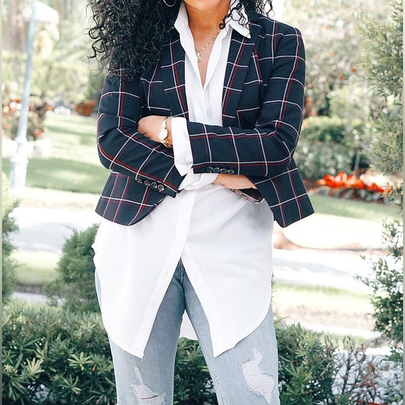 Ann Taylor Navy Blue Plaid Blazer - Picture 4 of 6